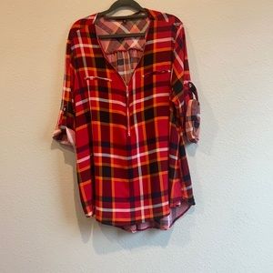 Plaid zipper 3/4 sleeve fall top